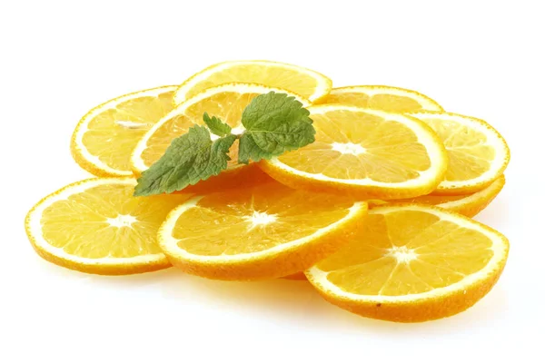 Slices Orange Decorated Lemon Mint White Background — Stock Photo, Image