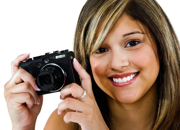 Close Young Woman Photographing Camera Isolated White — Stock Photo, Image