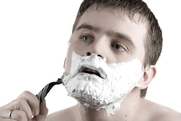 Navalha Barbear Homem Com Espuma Branco — Fotografia de Stock