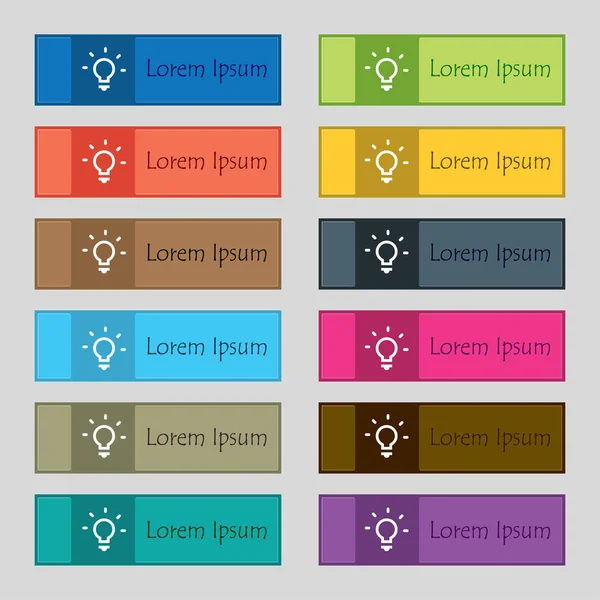 Lâmpada Luz Ícone Ideia Conjunto Doze Botões Retangulares Coloridos Bonitos — Fotografia de Stock
