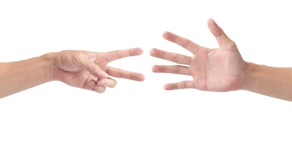 Man Hand Spelen Rock Papier Schaar Isolaat Witte Achtergrond — Stockfoto