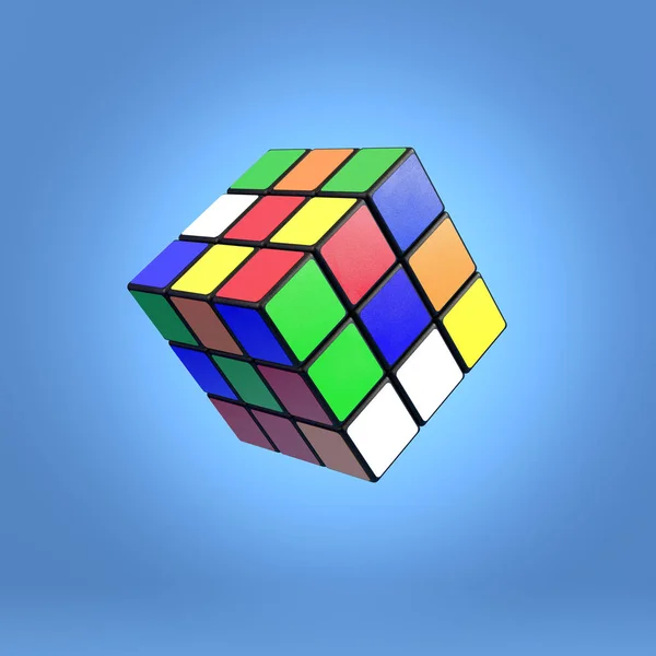 Famoso Cubo Rubik Fundo Azul — Fotografia de Stock