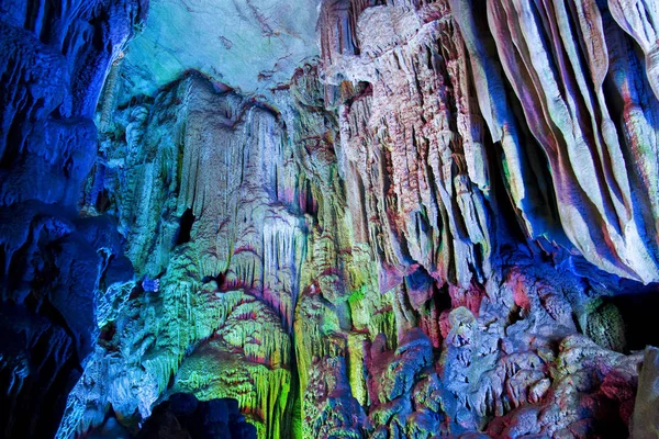 Image Stalactite Stalagmite Formations All Lighted Reed Flute Cave Guilin — Stock Photo, Image