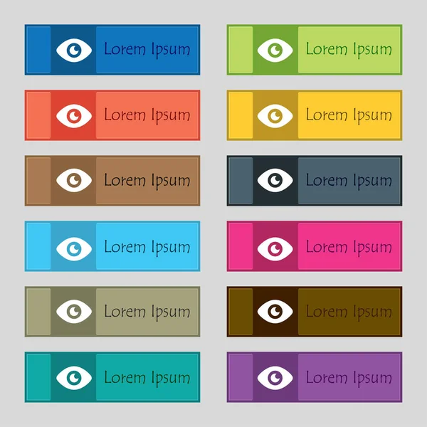 Olho Publique Ícone Conteúdo Conjunto Doze Botões Retangulares Coloridos Bonitos — Fotografia de Stock