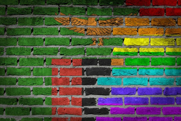 黑砖砌墙的纹理 国家国旗和彩虹旗画在墙上 赞比亚 — 图库照片