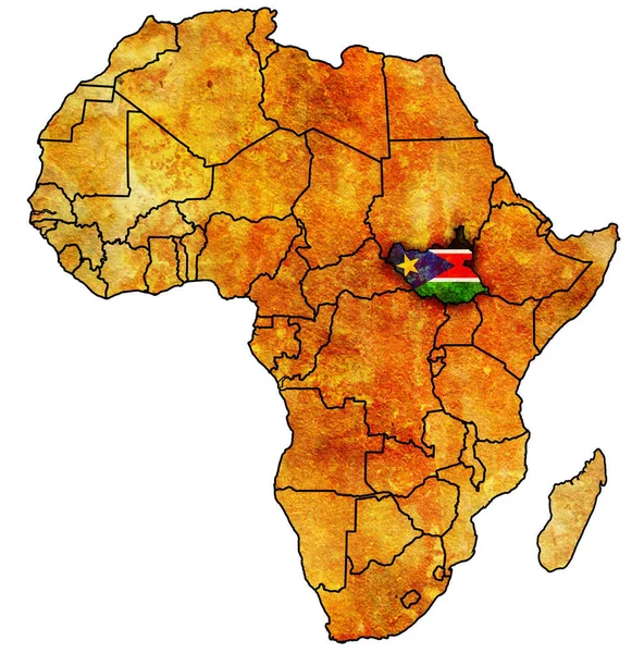 Sydsudan Faktisk Vintage Politisk Karta Över Afrika Med Flaggor — Stockfoto