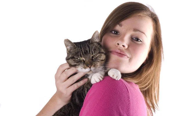Pretty Teenage Girl Holding Her Cat Isolated White Background — Stock Photo, Image