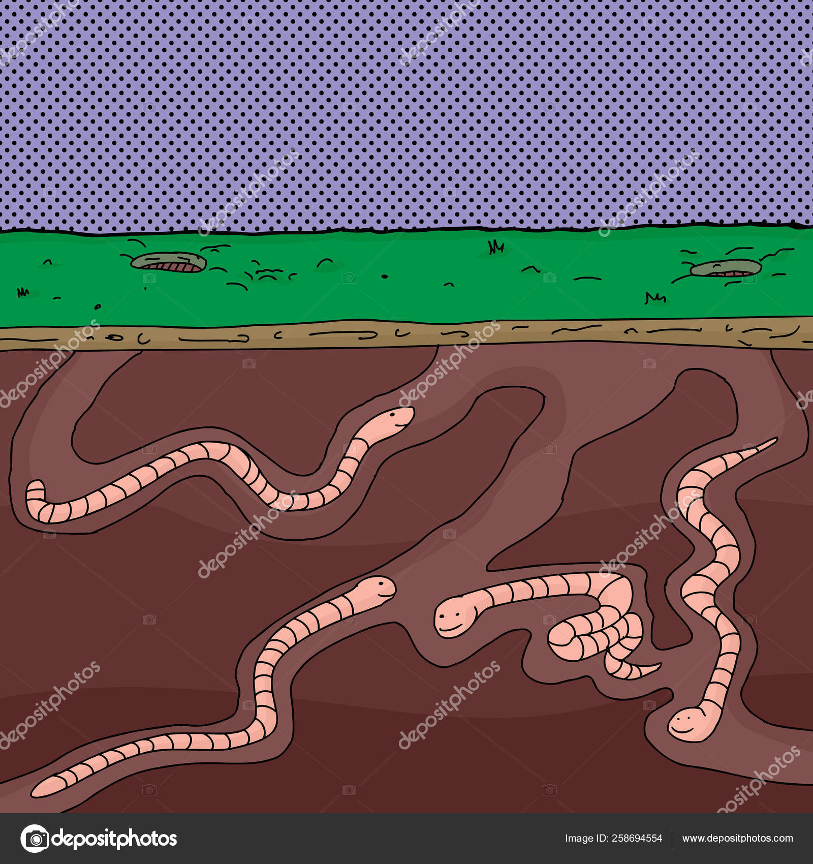 Four Cartoon Worms Digging Underground Tunnels Stock Illustration