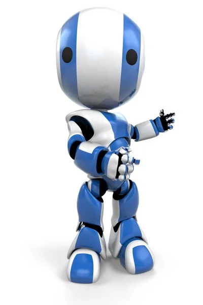 Blue Robot Making Gesture Right Speaks Looks His Audience — Stock Photo, Image