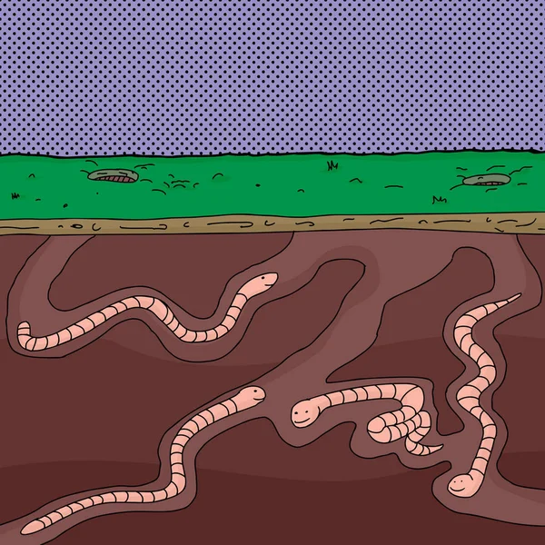 四个卡通蠕虫挖地下隧道 — 图库照片