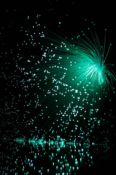 Emerald Fibre Optic Light Strands Cascading Black Background Reflecting Foreground — Stock Photo, Image