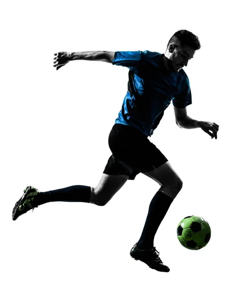 Ένας Καυκάσιος Ποδοσφαιριστής Άντρας Που Παίζει Μπάλα Στη Σιλουέτα Απομονωμένο — Φωτογραφία Αρχείου