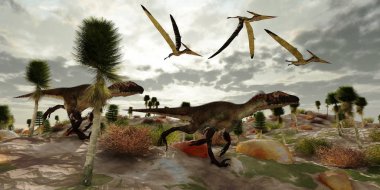 Three Pterosaur reptile dinosaur fly along and watch two Utahraptors as they hunt to share in the kill. clipart