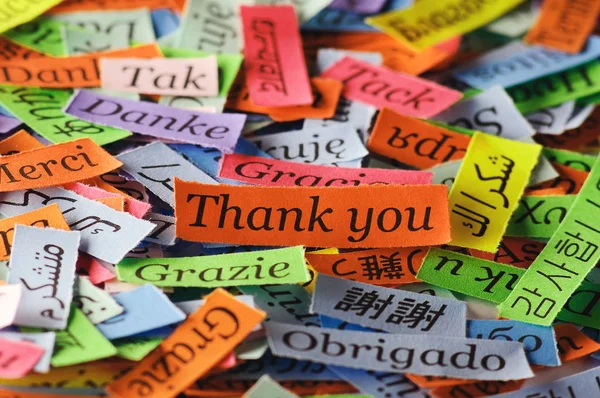 Děkuji Slovo Mrak Tisk Barevný Papír Různých Jazycích — Stock fotografie