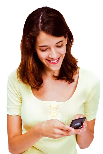 Mensajería Texto Mujer Feliz Teléfono Móvil Aislado Sobre Blanco — Foto de Stock