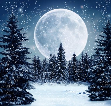 fantastic full moon in a winter night illuminating the pines and the snow clipart