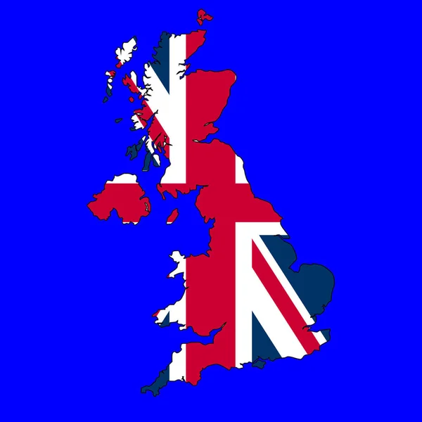 青い海の背景の上の国の地図で英国のユニオンジャックフラグ — ストック写真