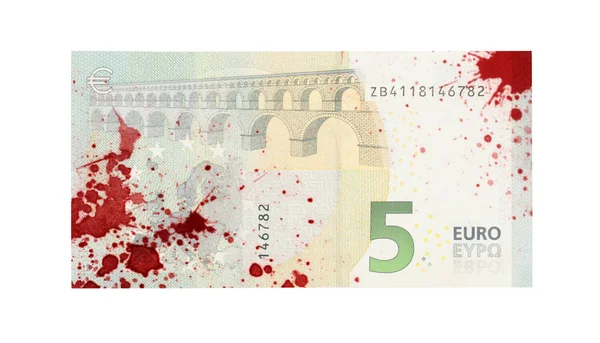 Close Van Een Bankbiljet Van Euro Geïsoleerd Bevlekt Met Bloed — Stockfoto