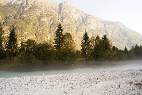 Niebla Río Soca Los Alpes Julianos Eslovenos — Foto de Stock
