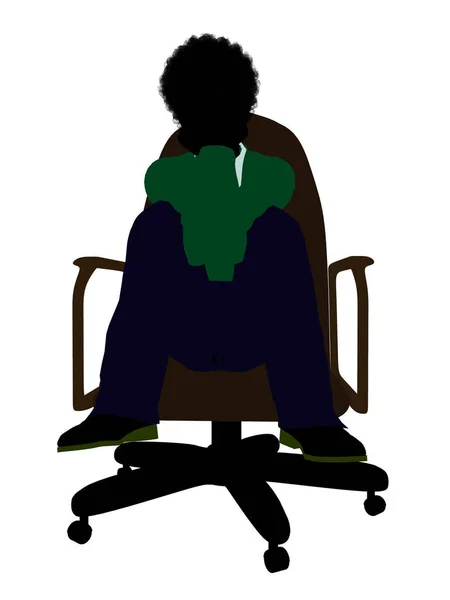 非洲裔美国学校男孩坐在椅子上插图剪影的白色背景 — 图库照片