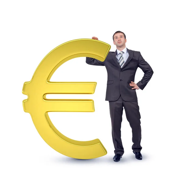 Geschäftsmann Der Nähe Großes Euro Zeichen Isoliert Auf Weißem Hintergrund — Stockfoto
