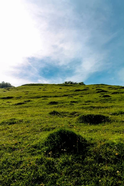 Una Vista Una Pendiente Hierba Una Cumbre Brillante — Foto de Stock