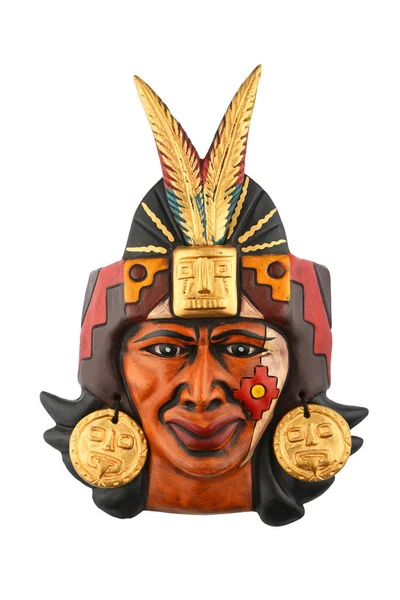 Indiska Maya Aztec Keramik Målad Mask Med Fjäder Isolerad Vit — Stockfoto