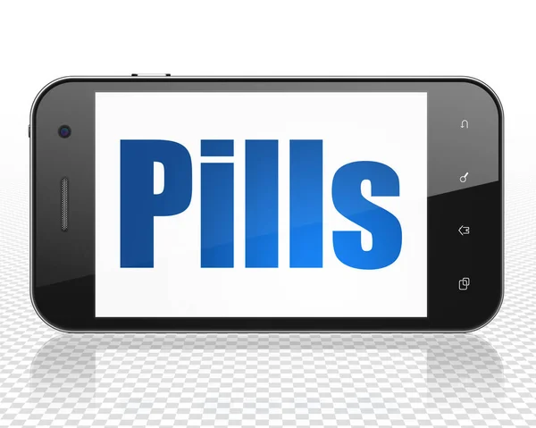 Healthcare Concept Smartphone Blue Text Pills Display Rendering — Stock Photo, Image