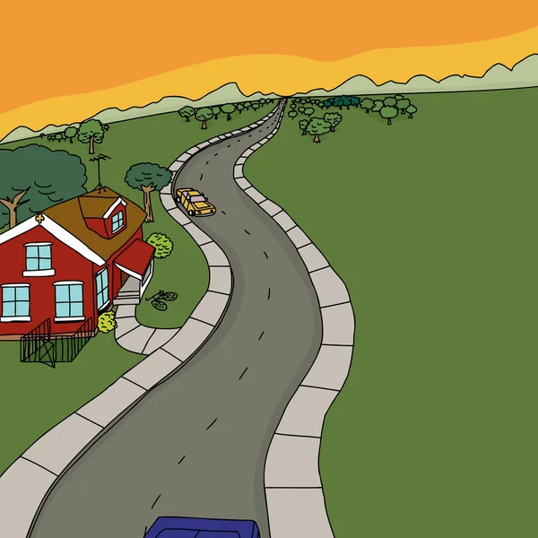 Cartoon Rural Scene Cars Road Yellow House — Stock Photo, Image