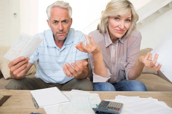 Tensed Mature Man Woman Bills Calculator Sitting Sofa Home — Stock Photo, Image