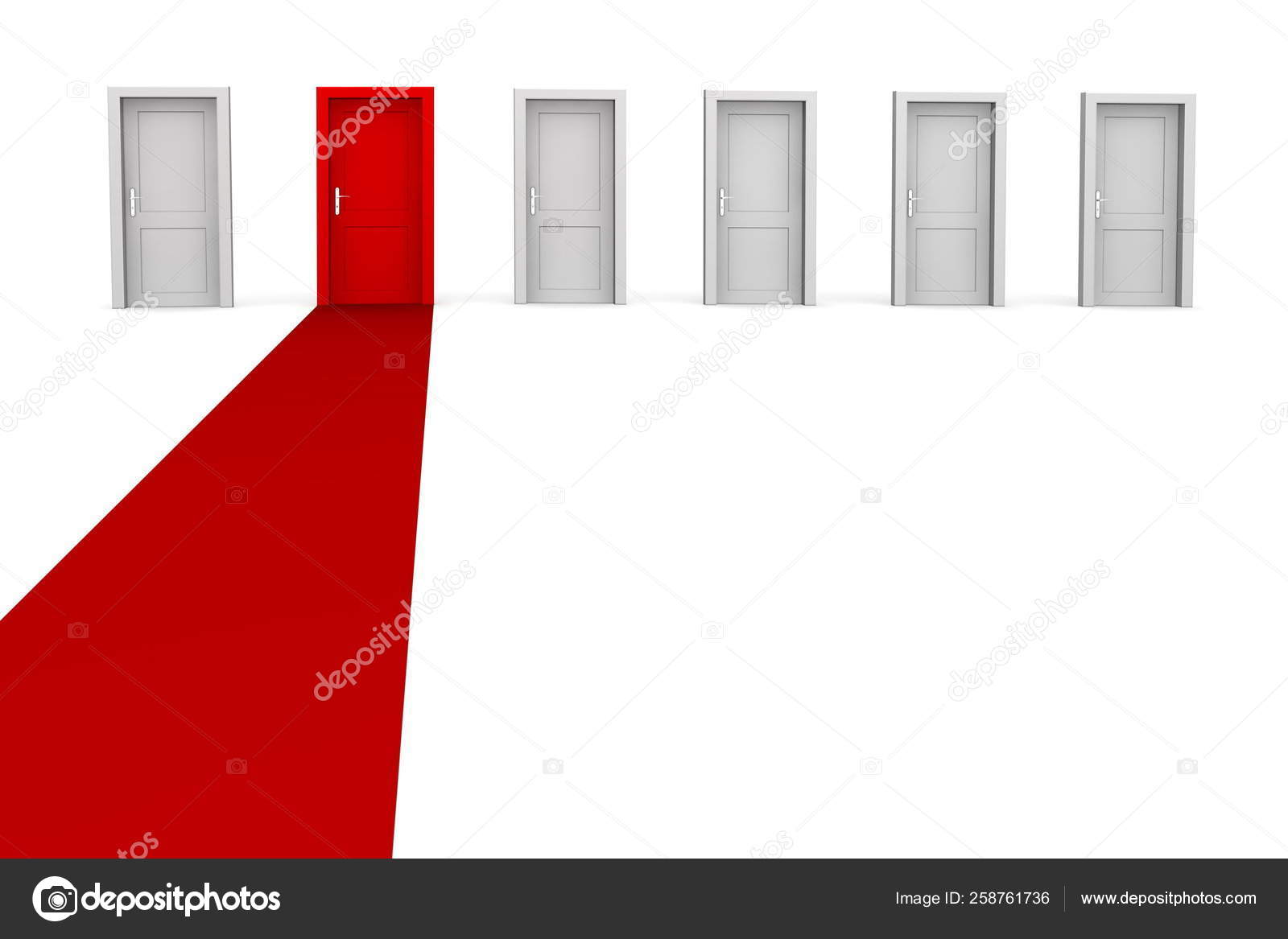Line Six Doors One Red Door Red Carpet Door Door Stock Photo