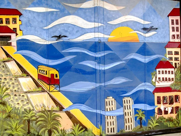 Graffiti Cityscapre Representerar Den Chilenska Staden Valparaiso Garageport — Stockfoto