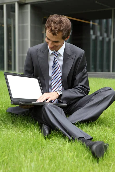年轻的白人商人坐在草利用他的笔记本电脑上 — 图库照片