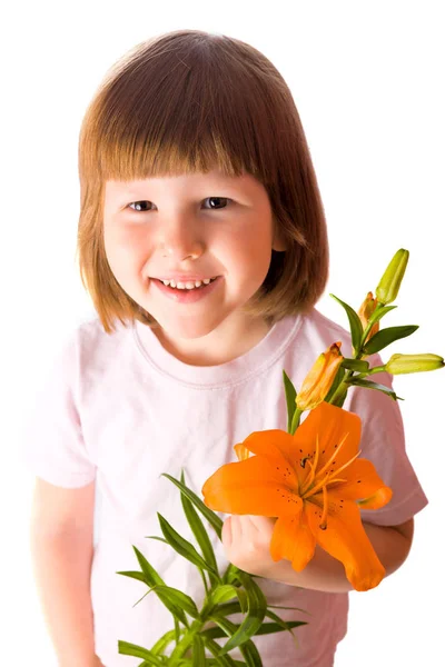 Enfant Joyeux Tenant Lys Orange Isolé Sur Blanc — Photo