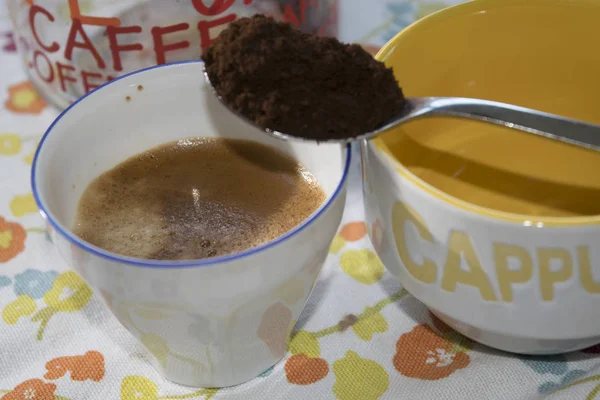 Une Tasse Café Extra Fort Avec Une Cuillère Café Café — Photo