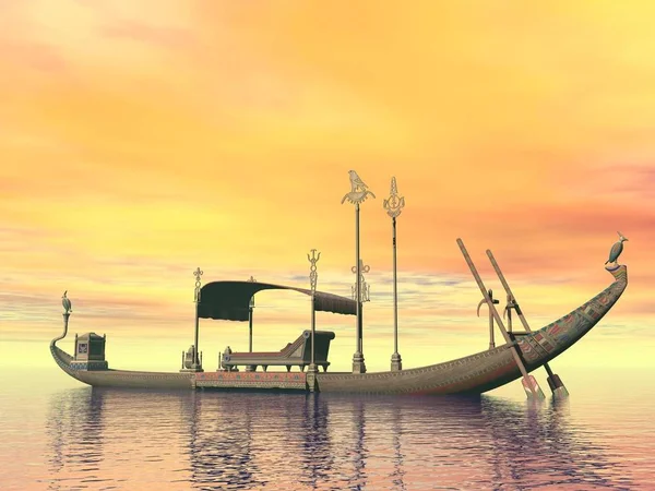 日没までに水に浮かぶ王座を持つエジプトの神聖な船 — ストック写真