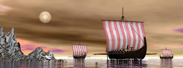 Three Drakkars Viking Ships Floating Ocean Night Render — Φωτογραφία Αρχείου