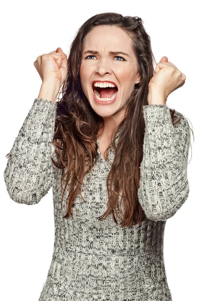 Uma Imagem Forte Uma Mulher Muito Chateada Zangada Gritando Apertando — Fotografia de Stock