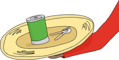 Golden plate with canned food and can opener clipart