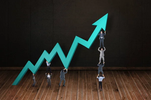 Business Teamwork Pushing Arrow Dark Room Floorboards — Stock Photo, Image