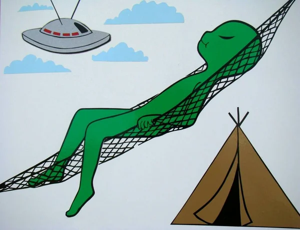 Cute Comical Martian Camping Sleeping Hammack — Stock Photo, Image