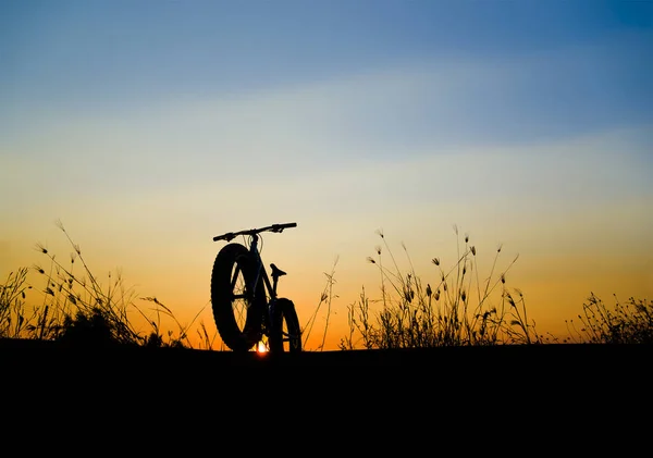 Schöner Sonnenuntergang Himmel Und Mountainbike Silhouette Silhouette Fatbike — Stockfoto