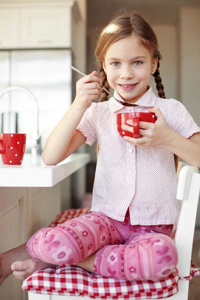 Portrait Child Having Breakfast Kitchen Home — Stock Photo, Image