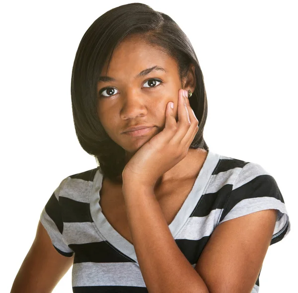 Adolescente Pensive Avec Menton Dans Paume Sur Fond Isolé — Photo