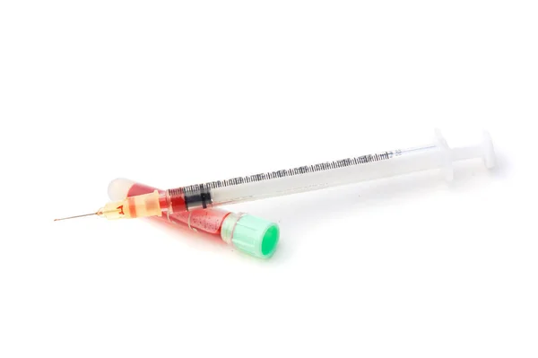Naald Een Injectiespuit Met Bloedmonster Reageerbuis — Stockfoto