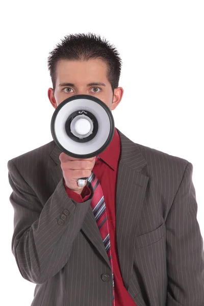 Handsome Businessman Using Megaphone All White Background — Stock Photo, Image