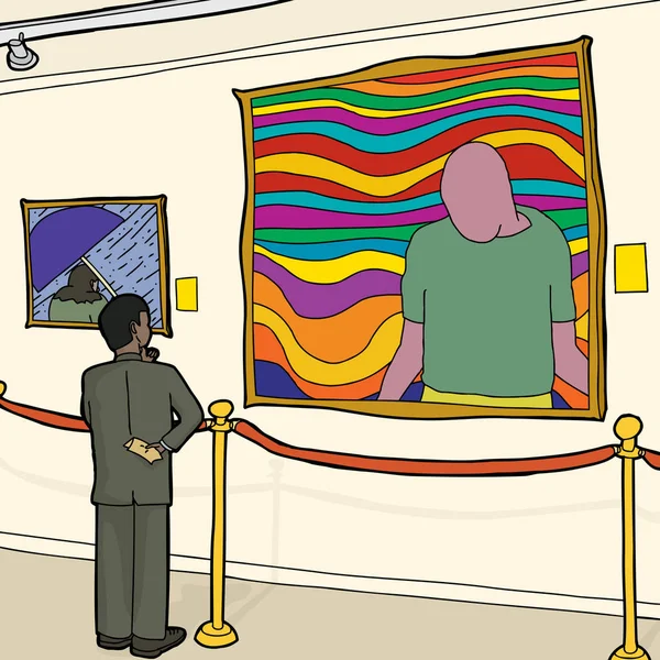 身着西装的黑人在博物馆里看艺术 — 图库照片