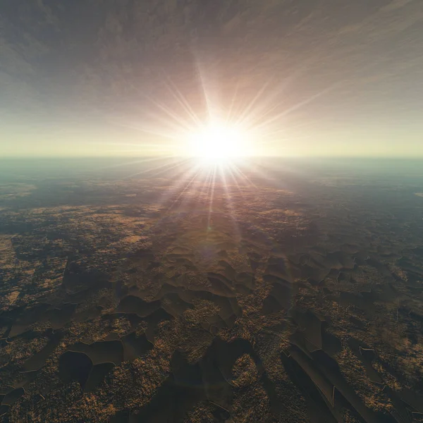 Popraskané Země Pohled Pozadím Slunce Záblesky Vzplanutí Nad Horizont Mlhavé — Stock fotografie