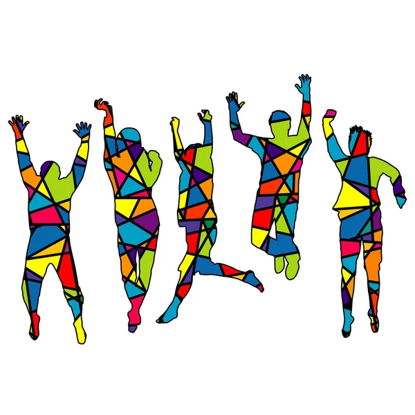 Gente Saltando Silueta Modelada Colorido Fondo Mosaico — Foto de Stock