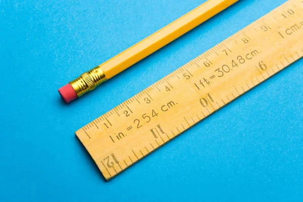 Wooden Ruler Pencil Laying Blue Background — 스톡 사진